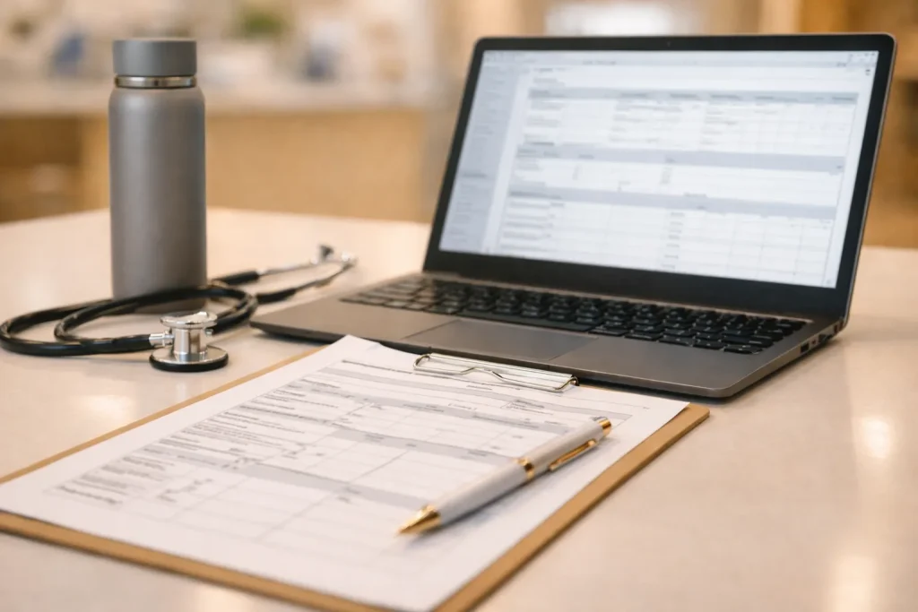AIで看護記録（SOAP形式）の下書きを作成しているイメージ