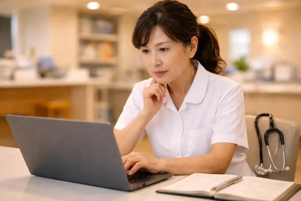 患者情報のセキュリティルールを確認している看護師のイメージ