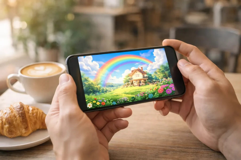 カフェでスマホのChatGPTアプリから画像を生成しているイメージ