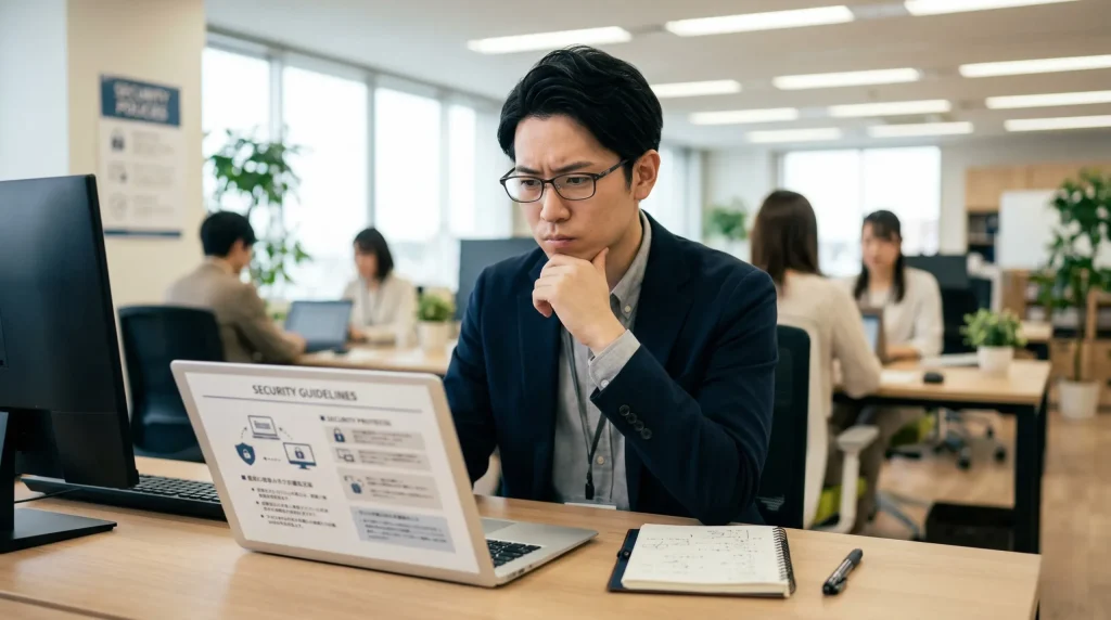 会社でChatGPTを使う際のセキュリティ注意点を確認しているイメージ
