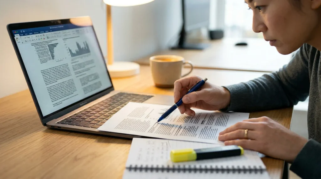 AIの要約精度を原文と照合して確認しているイメージ