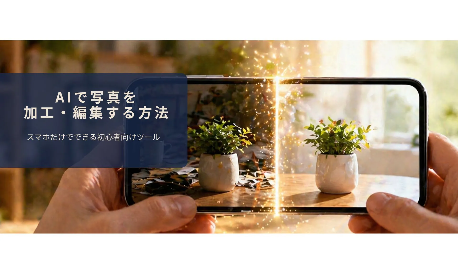 スマホのAI機能で写真を加工しているビフォーアフターのイメージ