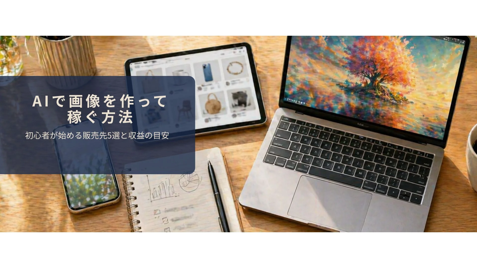 AIで作った画像をオンラインで販売する準備をしているイメージ