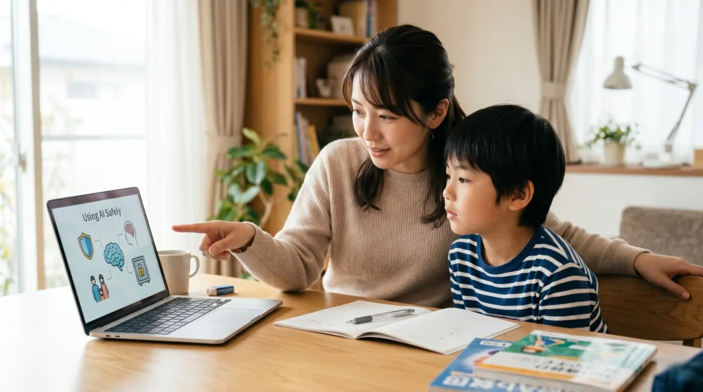 保護者がAIの正しい使い方を子供に教えているイメージ