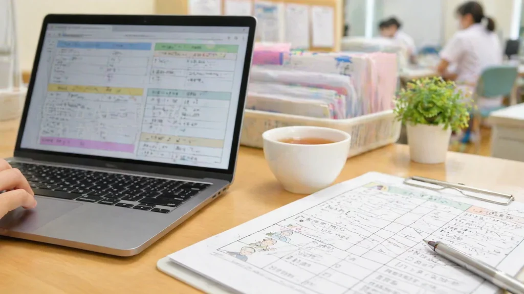 AIでケアプランの文言案を作成しているイメージ