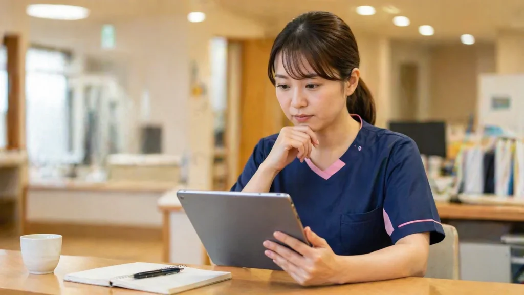 利用者情報のセキュリティルールを確認している介護職のイメージ