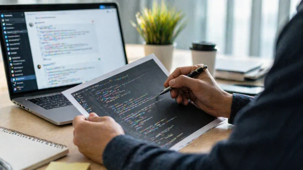 AIが生成したコードを本番投入前にレビューしているイメージ