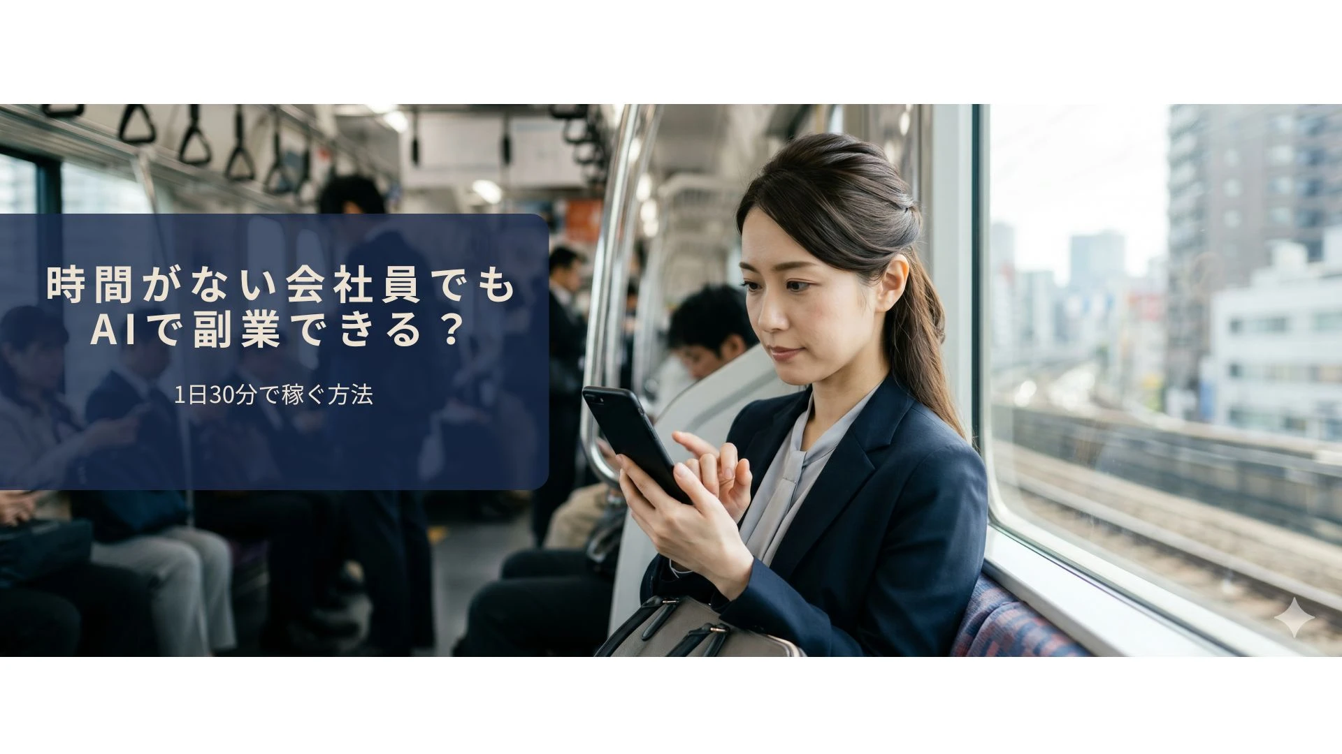 通勤中の30分でAI副業に取り組んでいる会社員のイメージ