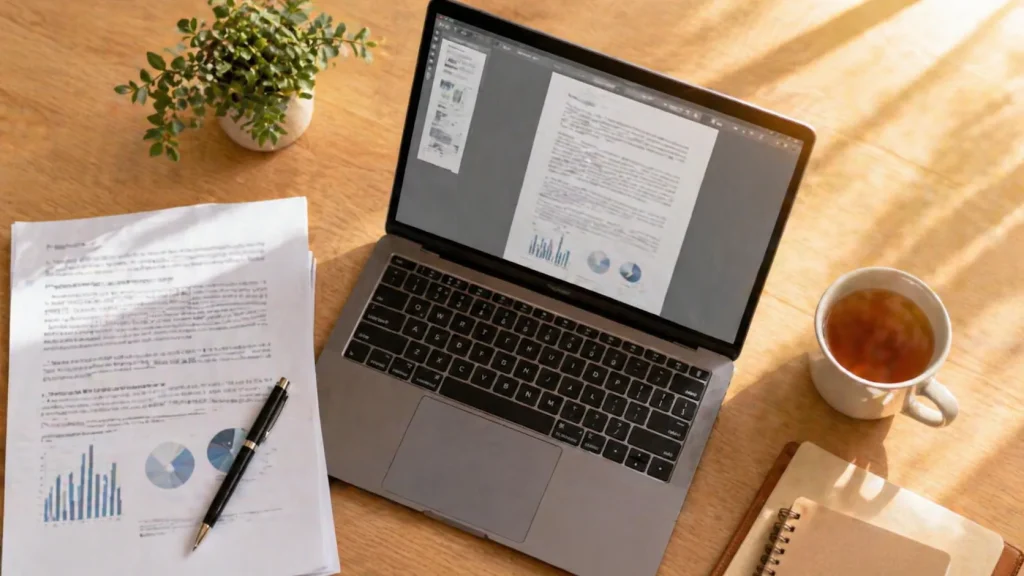 PDFの報告書をAIで要約しているイメージ