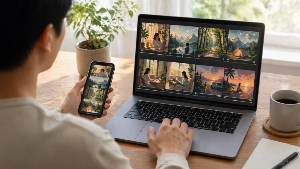 顔出しなしでAI画像を使ったショート動画を組み立てているイメージ