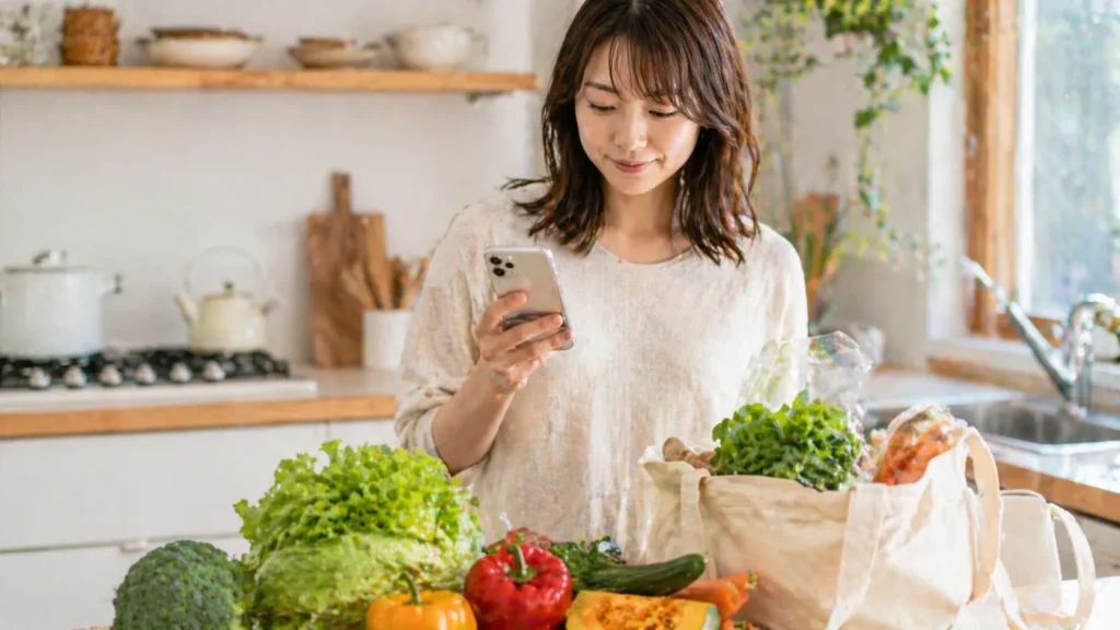 AIが作った買い物リスト通りに食材を整理しているイメージ