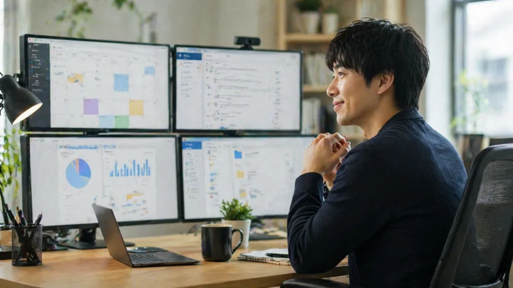 AIエージェントがメール・カレンダー・データ分析を同時に処理しているイメージ