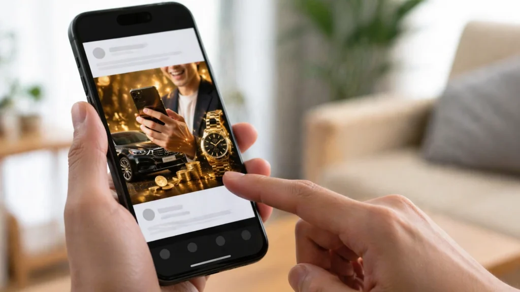 SNSのAI副業広告を見て怪しくないか判断しているイメージ