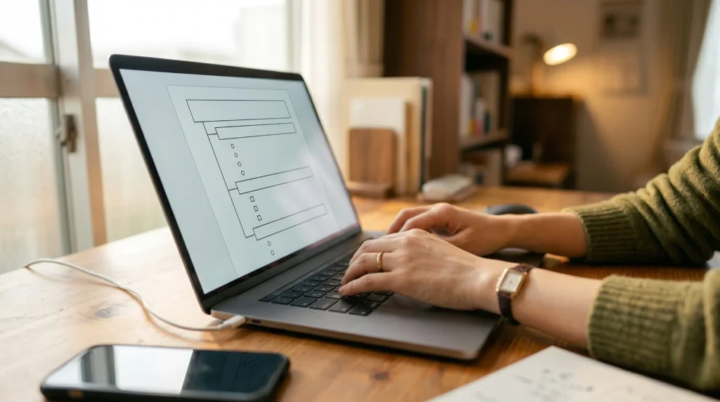 ChatGPTで記事の構成案から下書きまでのワークフローを実践しているイメージ