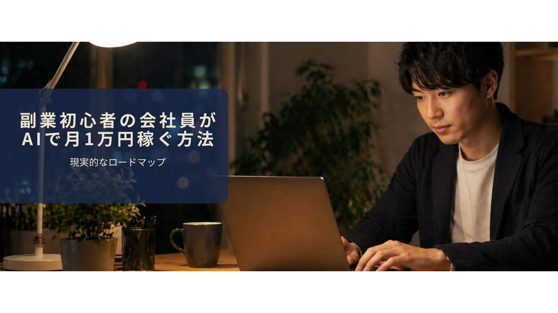 会社員が帰宅後にAI副業に取り組んでいるイメージ