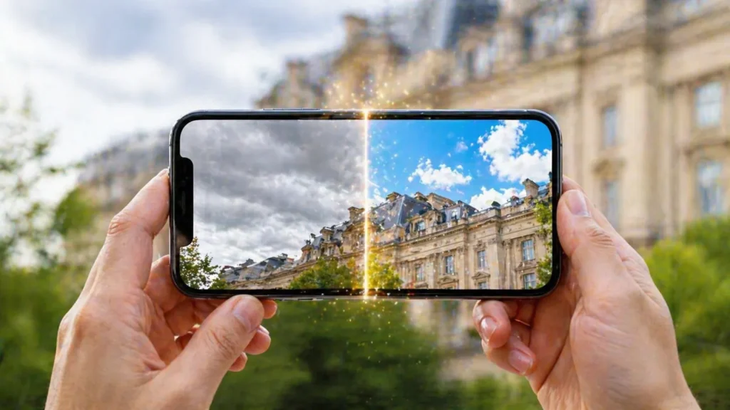 AIで曇り空を青空に置き換えている様子のイメージ