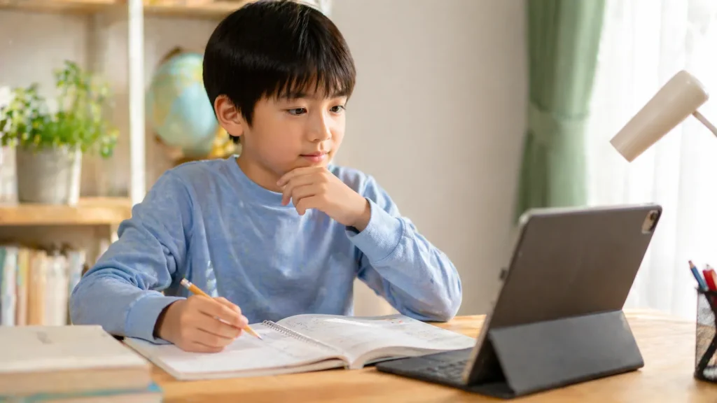 AIにヒントをもらいながら宿題を考えている子供のイメージ