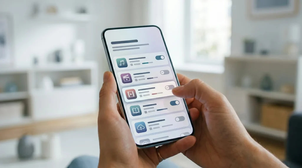 スマホで使っていないサブスクを確認して解約しているイメージ