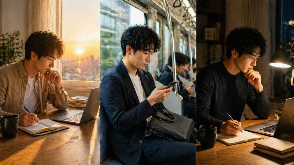 朝・通勤中・夜の30分をそれぞれ活用しているイメージ