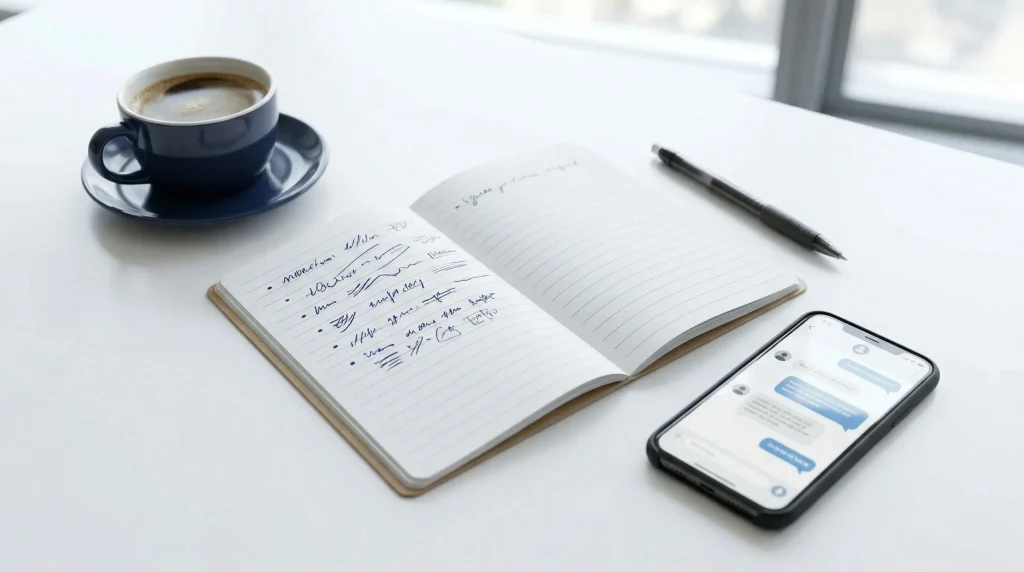 ChatGPTと手動メモで議事録を作るイメージ