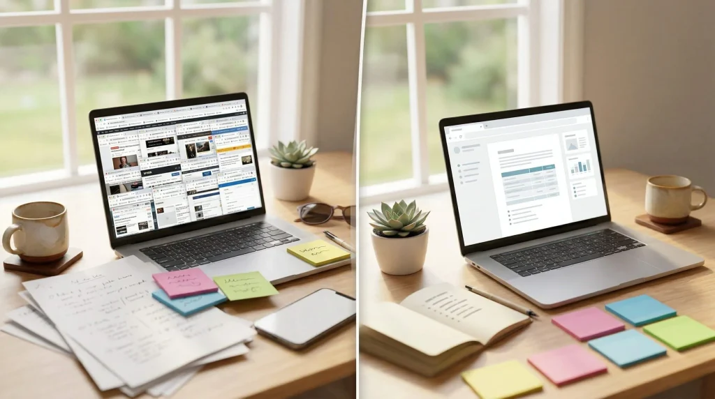 Google検索とAI検索の調べもの体験の違いを表すイメージ