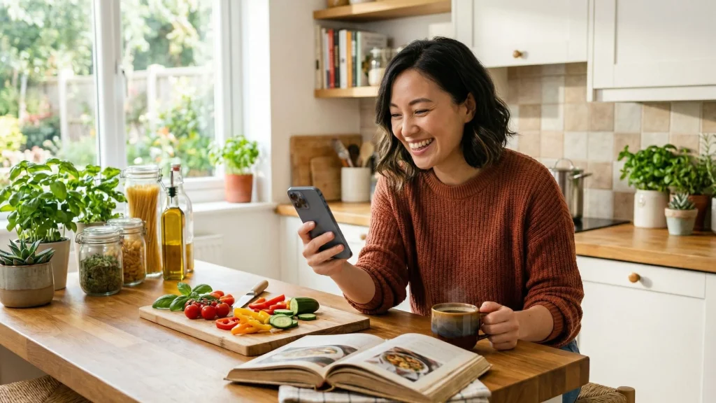 キッチンでスマホのChatGPTに日常的な質問をしているイメージ