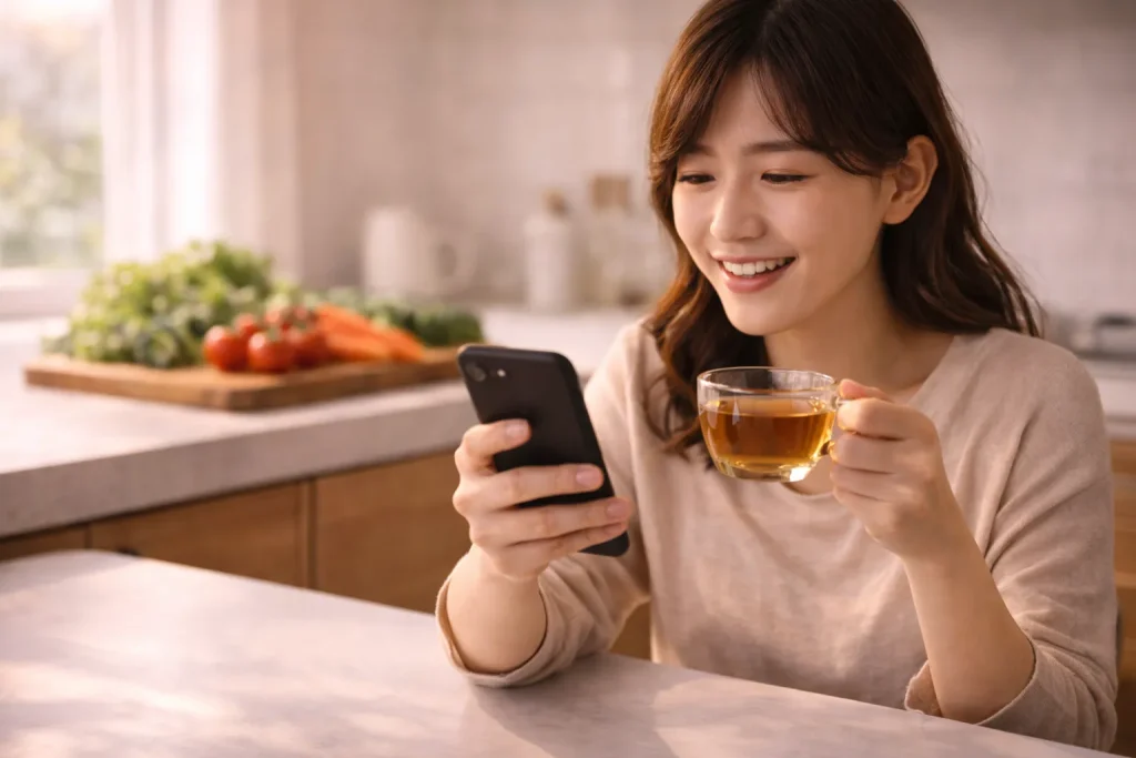 主婦がスマホでAIに献立を相談しているイメージ