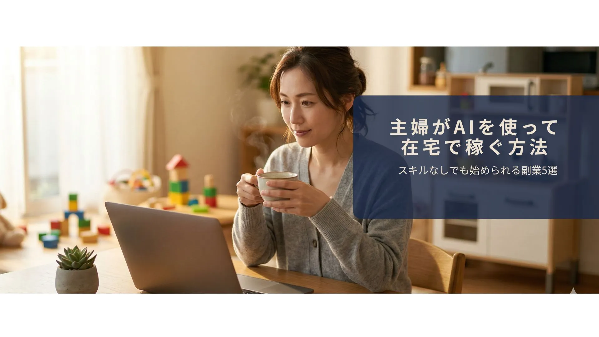 主婦がAIを使って在宅で副業に取り組んでいるイメージ