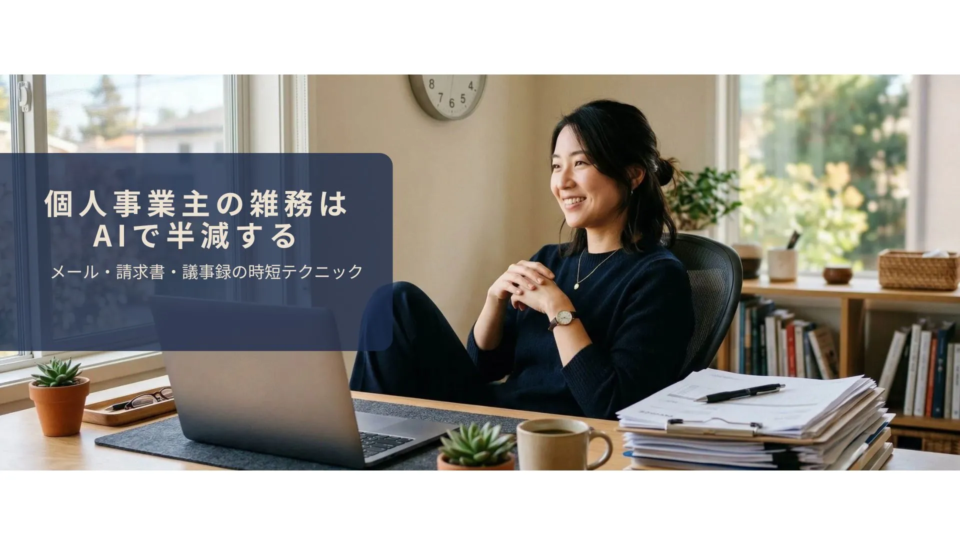 個人事業主がAIで事務作業を時短しているイメージ