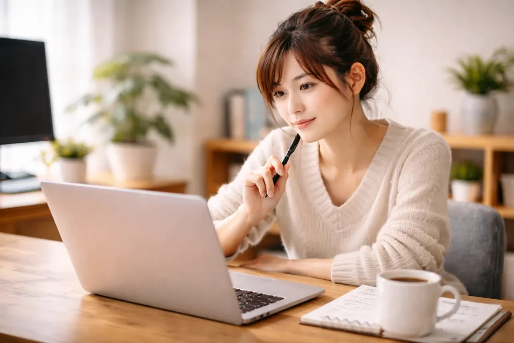 在宅勤務でAIを壁打ち相手にしてメールを添削しているイメージ