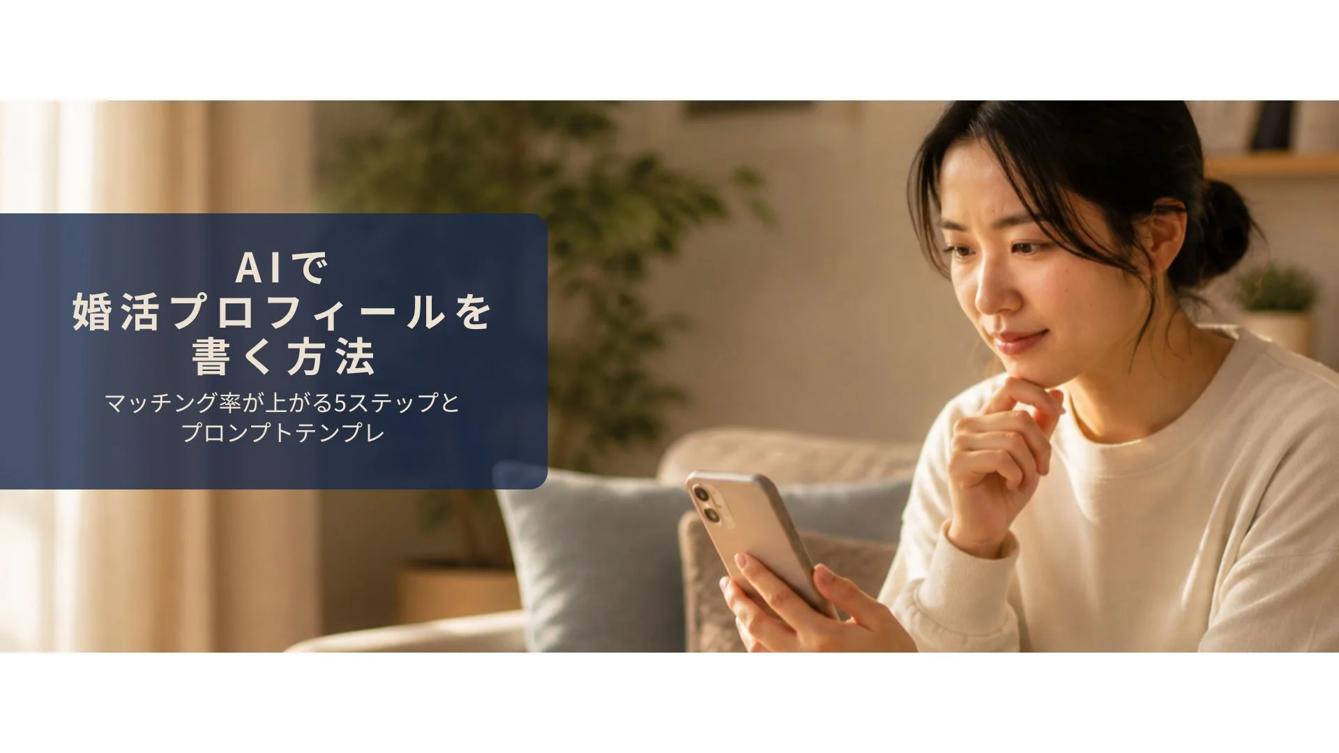 スマホで婚活プロフィールを考えているイメージ