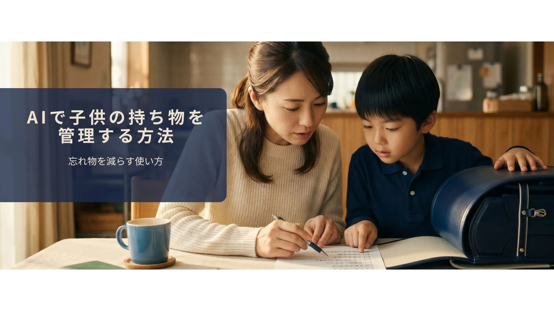 朝、子供と一緒に学校の持ち物を準備する30代の母親
