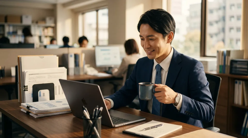 整理が終わった整然としたデスクで安堵の表情を浮かべる男性会社員
