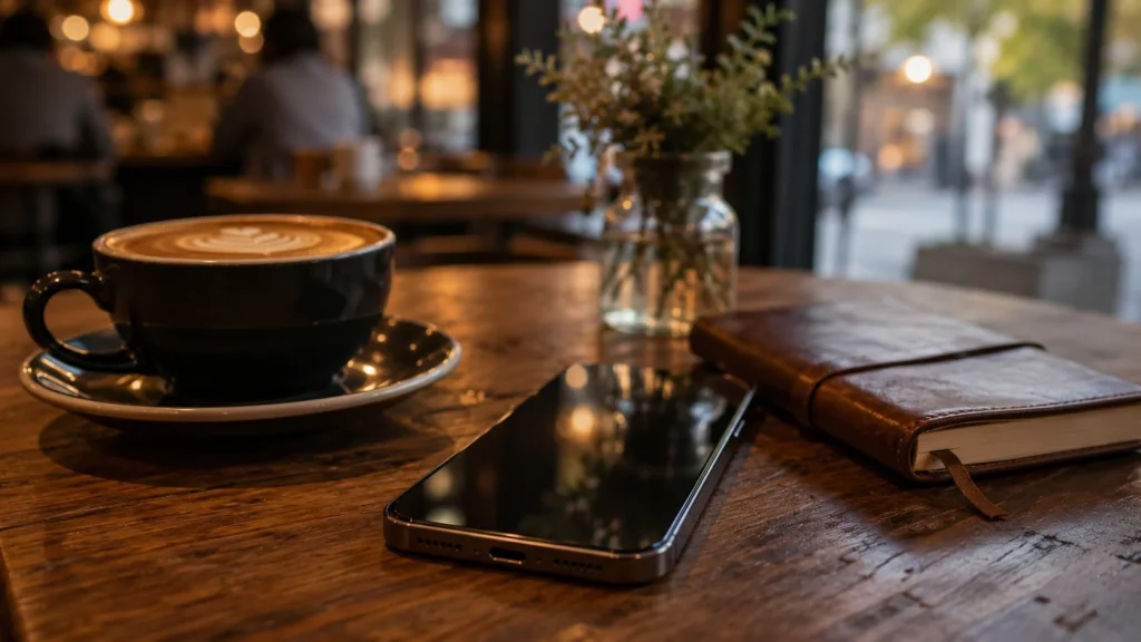 カフェでiPhoneのAI機能を使うイメージ