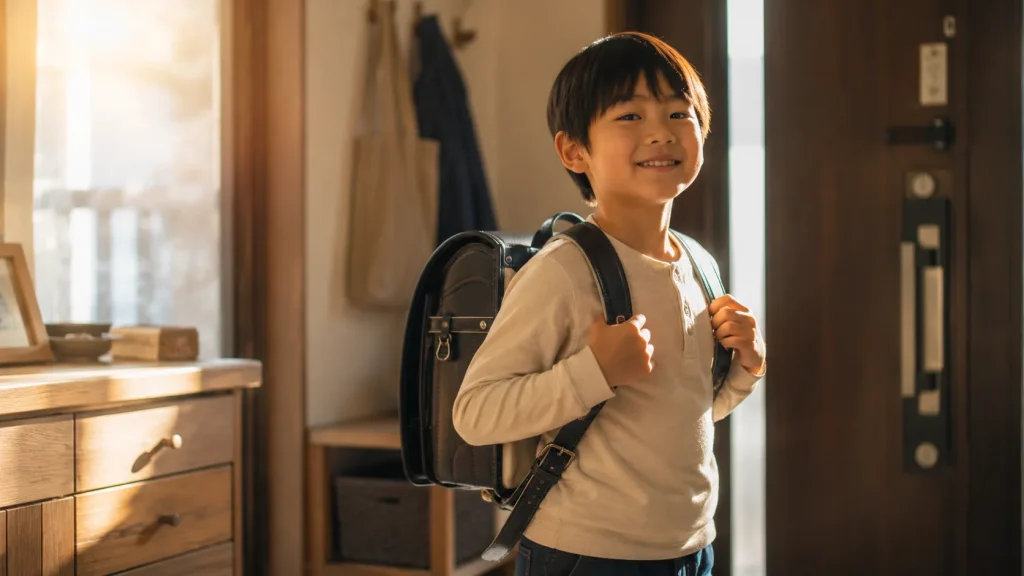 玄関でランドセルを背負って登校準備ができた小学生