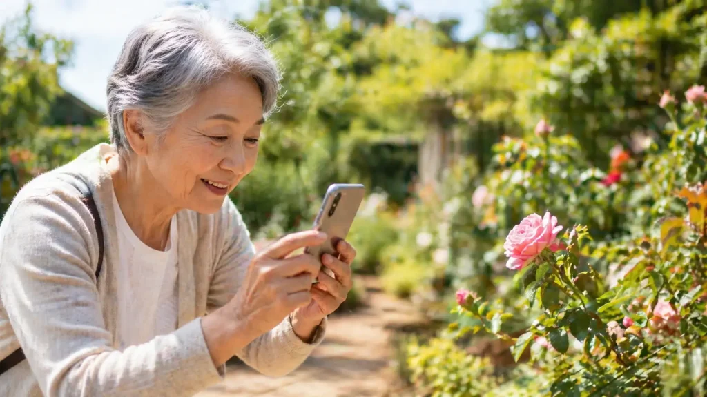 散歩中に花の写真をAIに見せて名前を聞いているイメージ