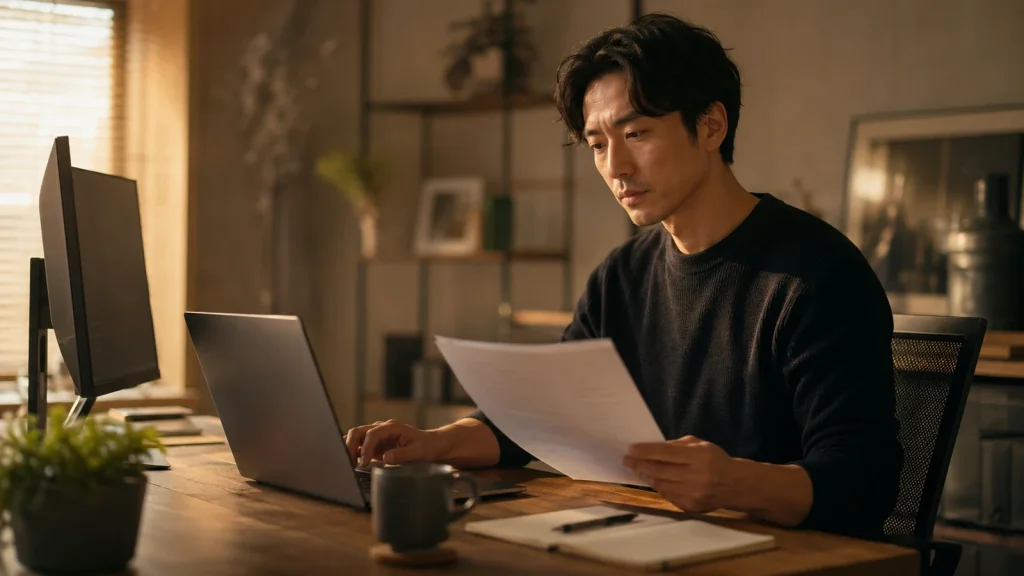 文字起こしテキストをAIで整理する男性のリアルな写真