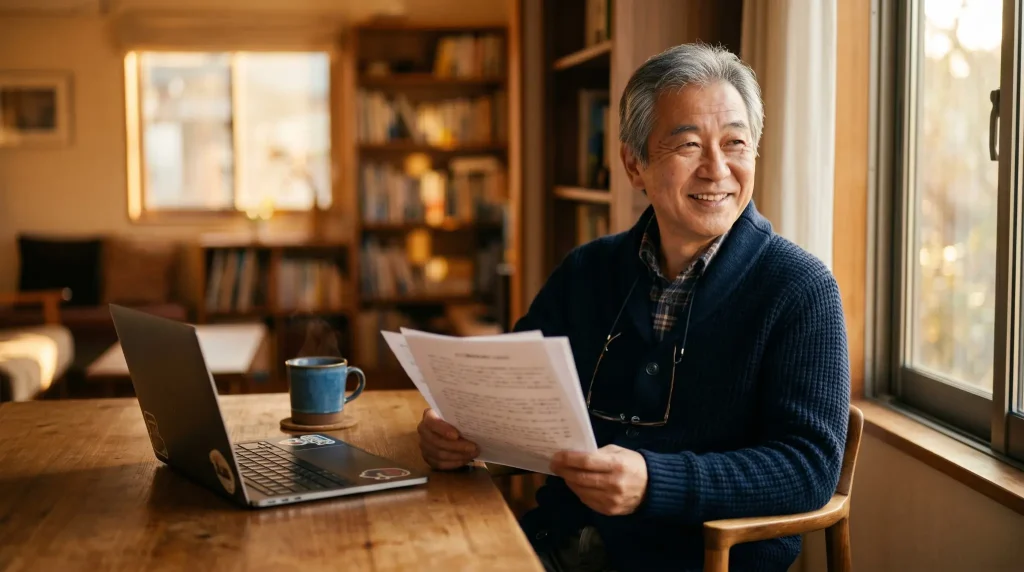 完成した文書を手に満足そうに微笑む60代男性