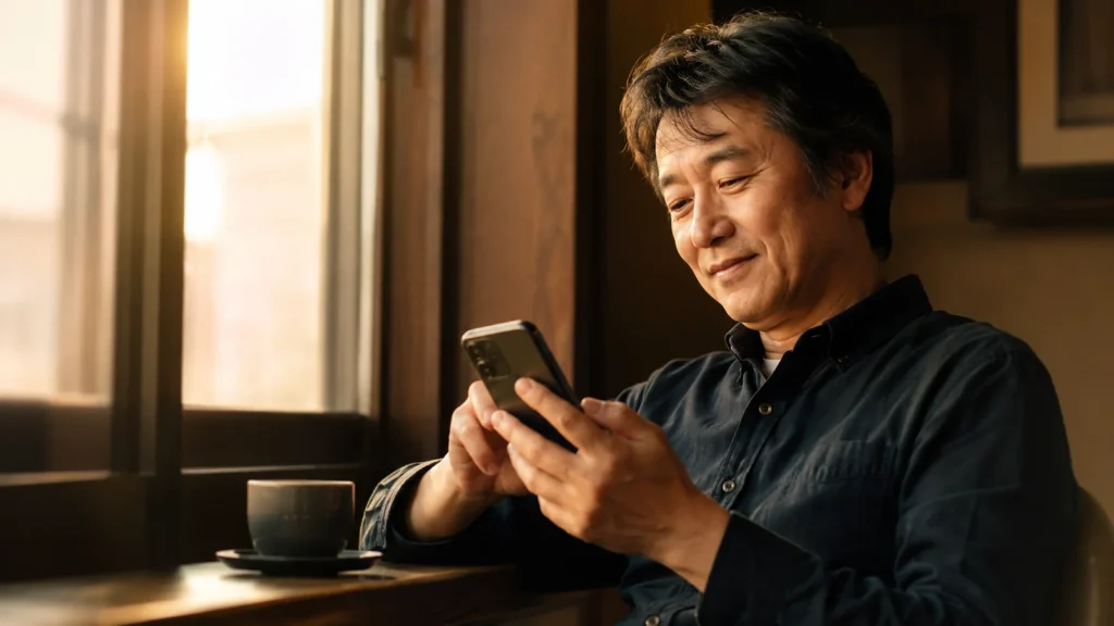 窓辺でスマホを使いながら微笑む50代男性