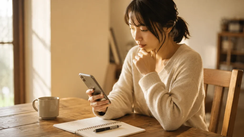 ノートとスマホでプレゼントの候補を整理する女性