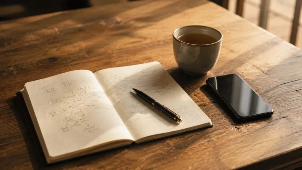 書き出した言葉と矢印で考えをつなぐノートが置かれた静かなテーブル