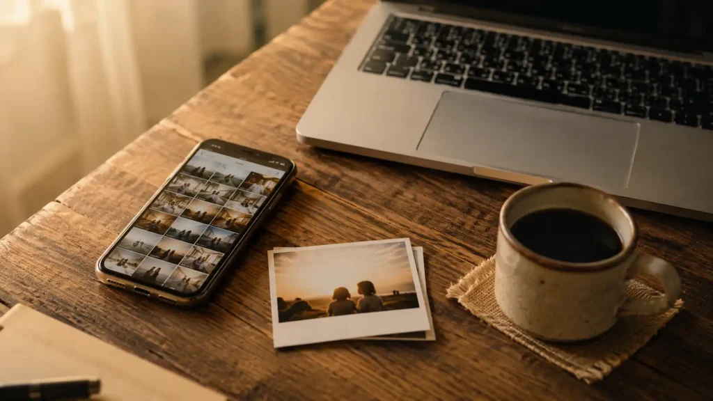 写真の一覧が表示されたスマホとノートPC、プリント写真が並ぶテーブル