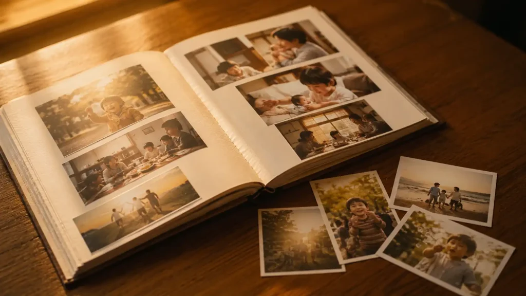 開いたフォトアルバムとプリント写真が並ぶ温かい雰囲気のテーブル