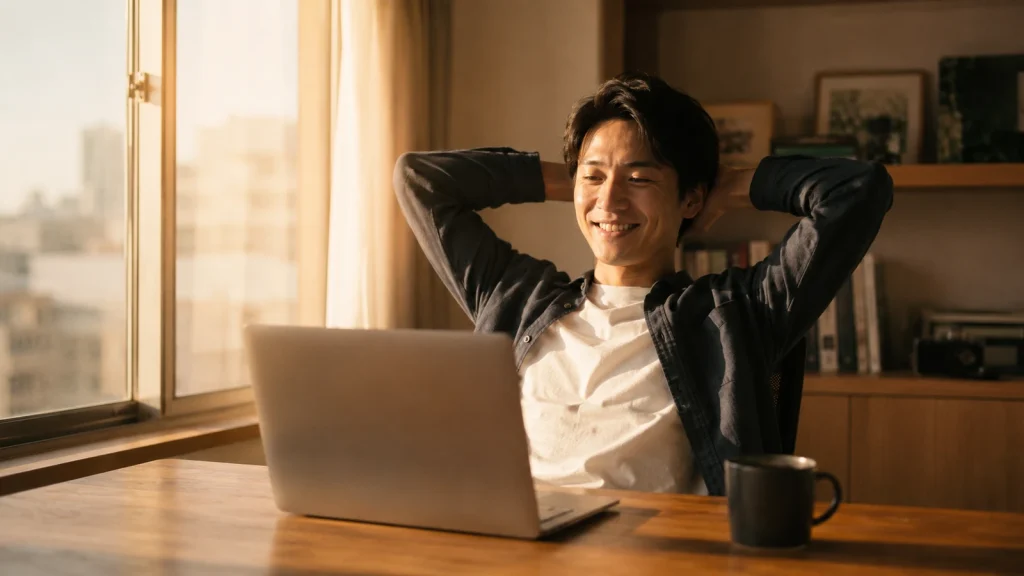 デスクで調べものを終えて満足そうな30代男性