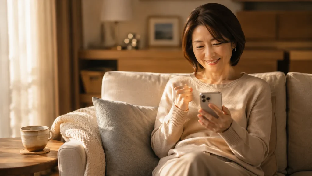 スマホで購入を決めて安心した表情の40代女性