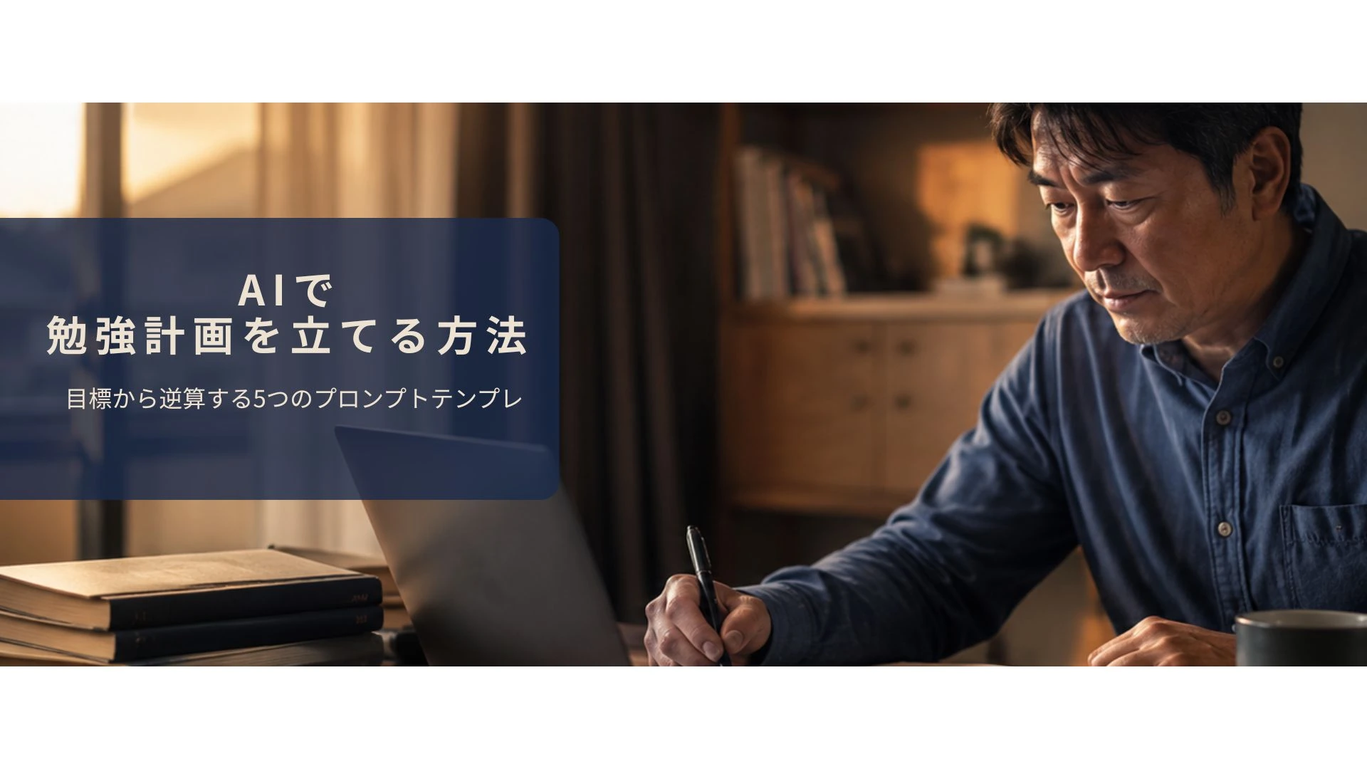 自宅デスクで学習計画を立てる40代男性