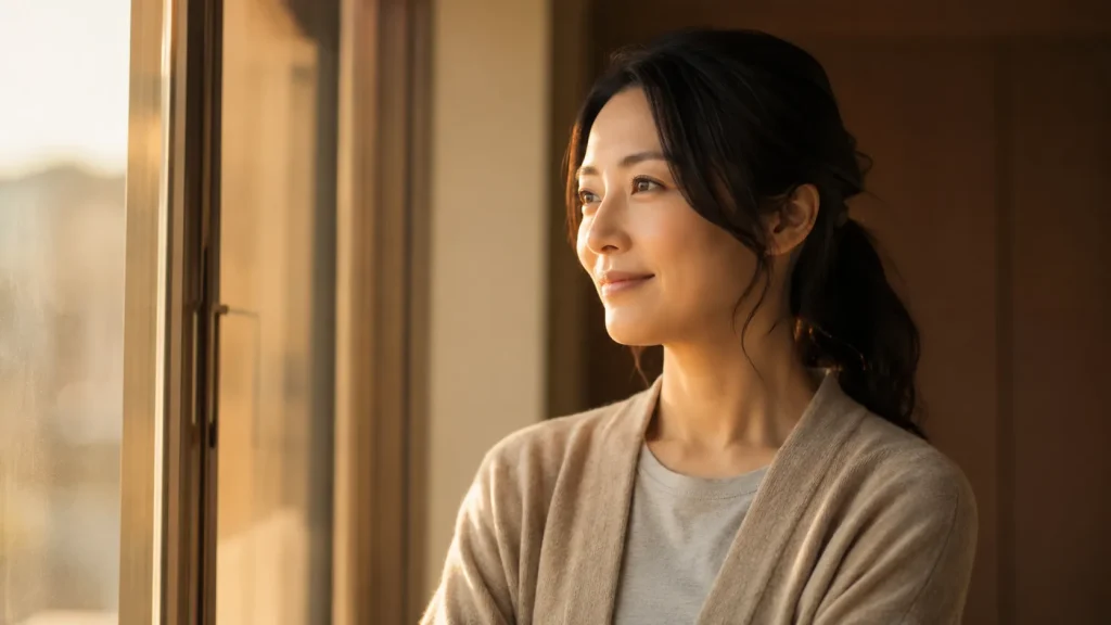 窓辺で穏やかに微笑む、考えが整理された30代女性