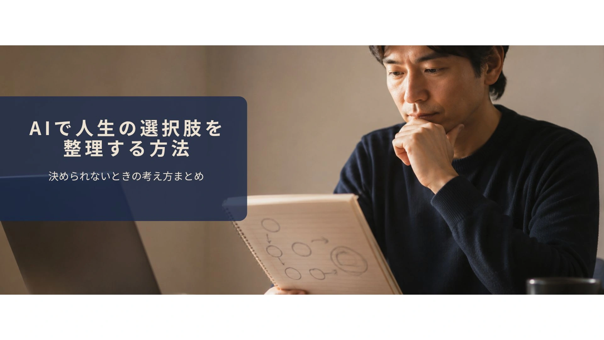 選択肢を書き出して整理しているノートと人物のシーン