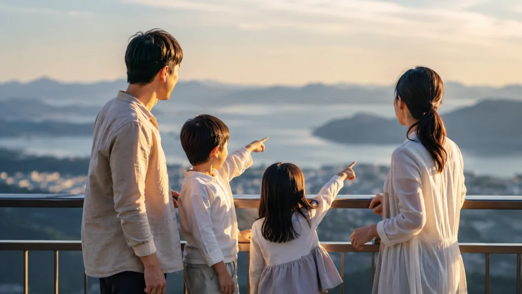 家族旅行で景色を楽しむ親子のシーン