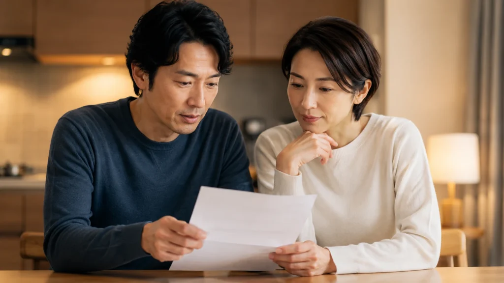 夫婦が保険書類を確認しているシーン